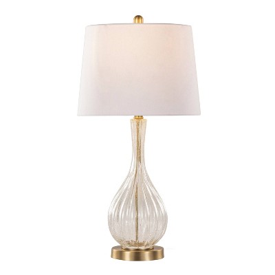 Set of 2 Gold and Clear Crackle Glass Table Lamps with White Linen Shades