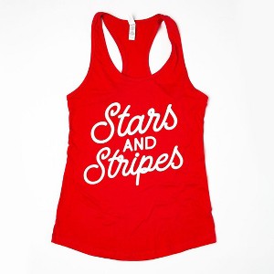 Simply Sage Market Women's Stars and Stripes Slanted Cursive Puff Racerback Tank - 1 of 4