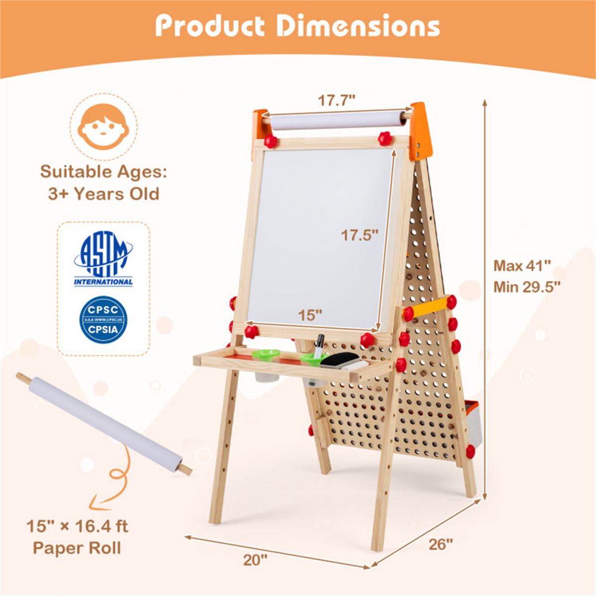 4-in-1 Kids Art Easel with Marble Run, Adjustable Height Double-Sided Drawing Easel with Paper Roll and Storage Tray for Kids 3+ - thumbnail 7