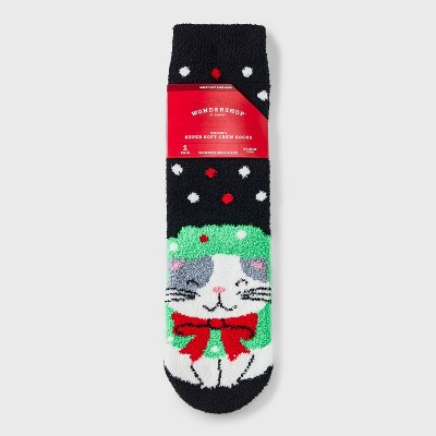 Women's Holiday Cat Cozy Crew Socks with Gift Card Holder - Wondershop™ Black 4-10
