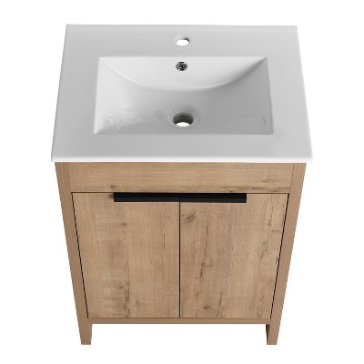 Vynxaria 24 in. Single Freestanding Imitation Oak Plywood Bath Vanity with White Basin Top KD-PACKING Ready to Assemble
