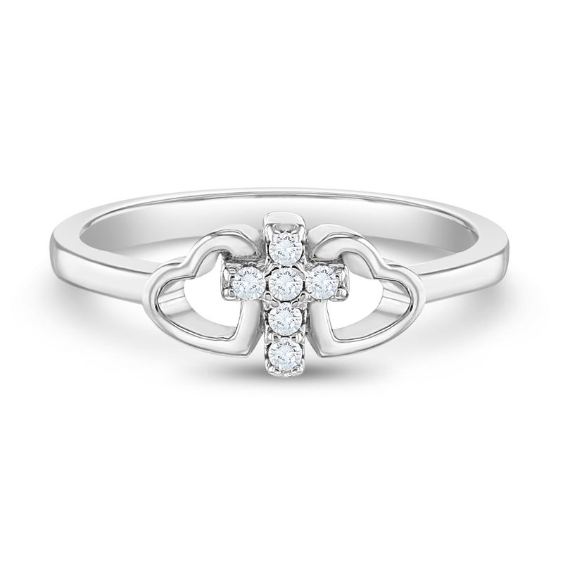 Girl's Cross & Heart CZ Sterling Silver Ring - In Season Jewelry, 1 of 7
