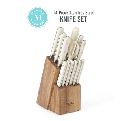 Linen White 14-Piece Stainless Steel Knife Set with Acacia Block