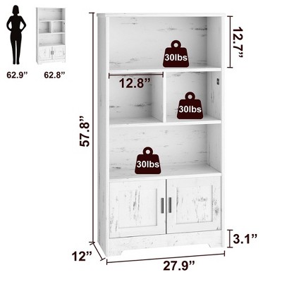 Wood Bookcase with Doors White Bookshelf with LED Lights Modern Storage Rack 3 Shelf Standing Bookshelves