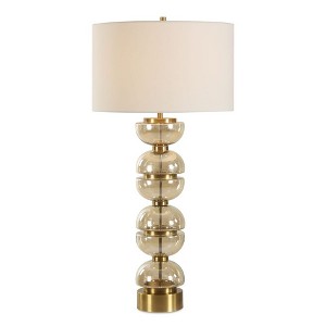 Uttermost Assemble Table Lamp Modern Amber Glass Stack with Brass Accents and White Linen Drum Shade for Elegant Interiors - 1 of 4