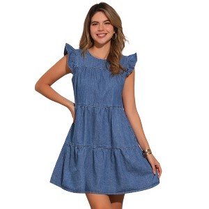 INSPIRE CHIC Women's Denim Ruffle Sleeve Crew Neck Mini Dresses - 1 of 4