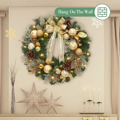 Orieon 24-Inch Golden Christmas Wreath with LED Lights, Pinecones, Metallic Ornaments & Bow, Premium Artificial Holiday Decor for Doors, Walls