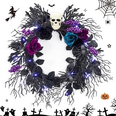 WhizMax Halloween Skull Wreath for Front Door with Lights, 20 Inch Pre-Lit Black Purple Rose Spider,  for Home Wall Porch Outdoor Indoor