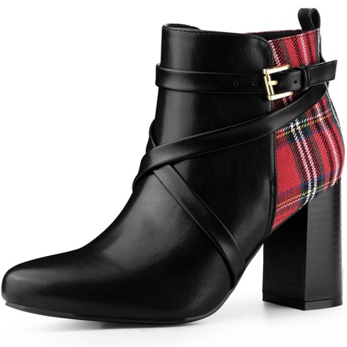 Allegra K Women's Plaid Pointed Toe Crisscross Strap Block Heels Ankle Boots  Black 6.5 : Target