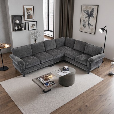 109.5" Chenille Modular L-Shaped 6-Seater Sectional Sofa, Rolled Armrest, 7 Cushions