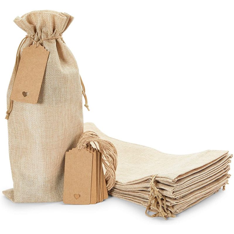 Sparkle and Bash 12 Pack Burlap Wine Bags with Drawstring & Tags, Reusable Bottle Covers for Party Favor, 14 x 6 in, 1 of 9