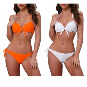 INSPIRE CHIC Women's Knot Twist Halter Double Straps Tie Back Bra Triangle Bottoms Swimwear Bikini Sets 2 Sets - 1 of 4