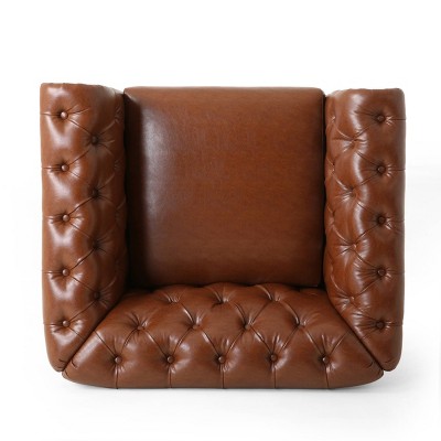 Cognac Brown Chesterfield Faux Leather Club Chair with Nailhead Trim