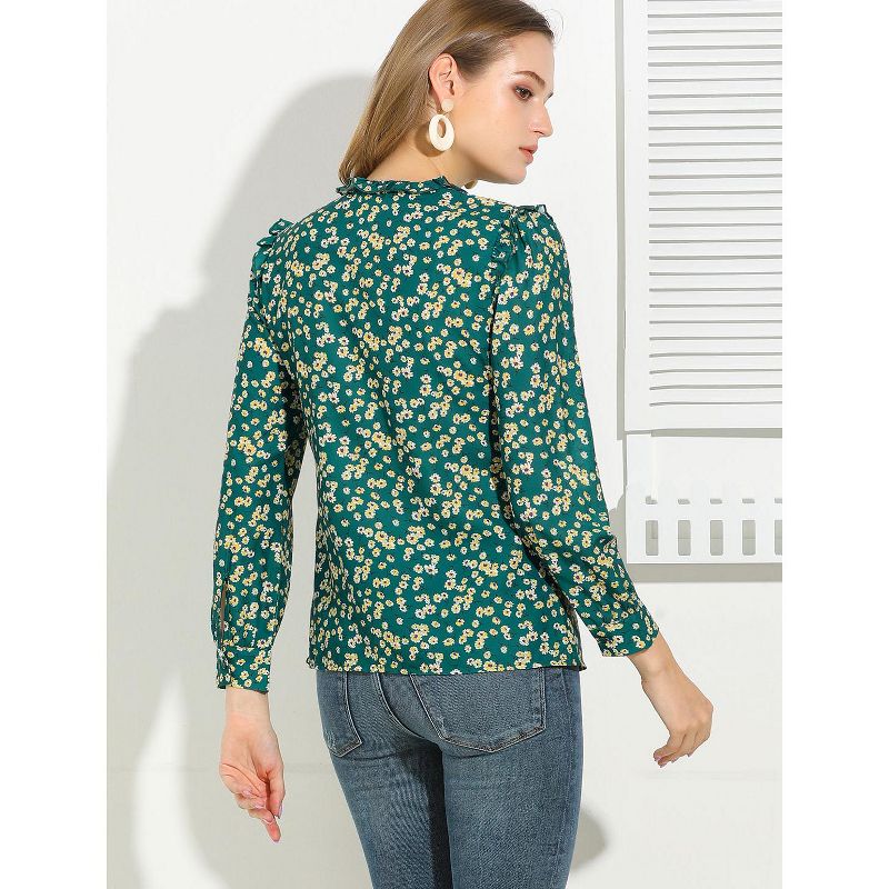 Allegra K St Patrick's Day Boho Daisy Floral Ruffled Neck Button Down Long Sleeve Blouses, 6 of 8
