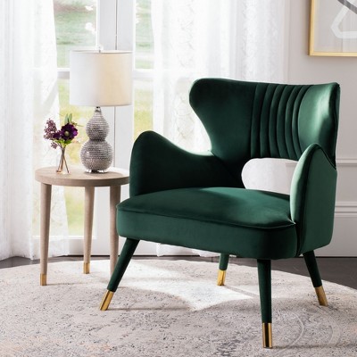 Transitional Forest Green Velvet Wingback Accent Chair with Gold Accents