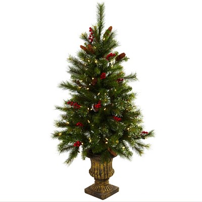 Nearly Natural 4-ft Christmas Tree with Berries, Pinecones, LED Lights & Decorative Urn