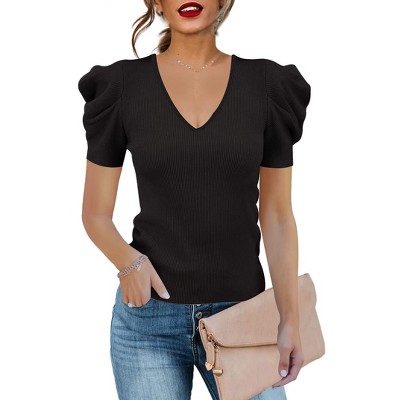 Women's Short Sleeve Knit Pullover Sweaters Casual V Neck Ribbed Solid Soft Slim Fit Sweater Blouse Tops Elegant Knitwear,Black - 2XL