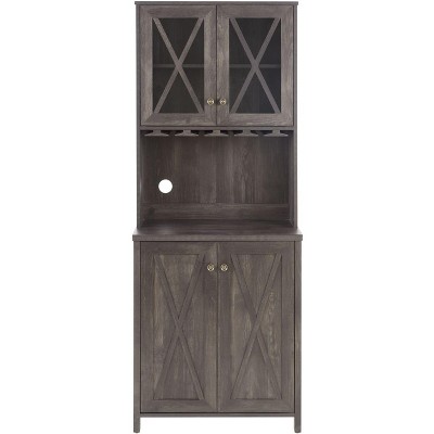 Farmhouse Bar Cabinet with Glasses Holder, 67.5"Tall Kitchen Coffee Bar with 4 Doors, Freestanding Sideboards Buffets Bar Cabinet, Grey