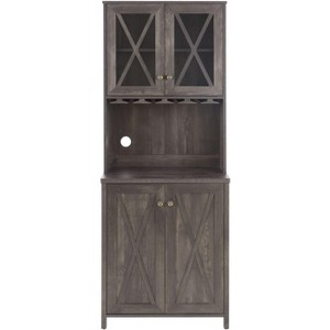 Farmhouse Bar Cabinet with Glasses Holder, 67.5"Tall Kitchen Coffee Bar with 4 Doors, Freestanding Sideboards Buffets Bar Cabinet, Grey - 1 of 4