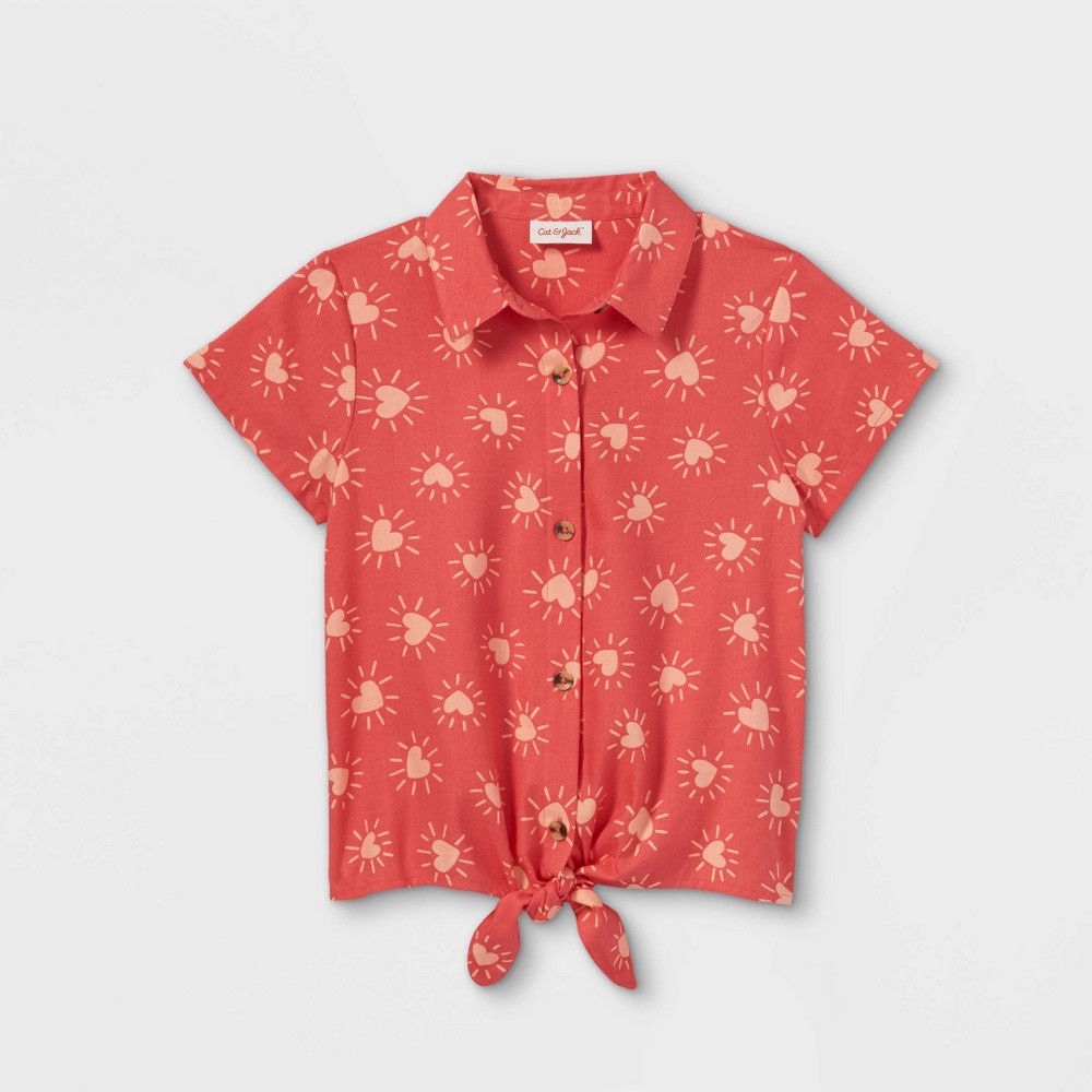 Girls' Button-Down Tie-Front Short Sleeve Woven Shirt - Cat & Jack Medium Coral XL, Medium Pink