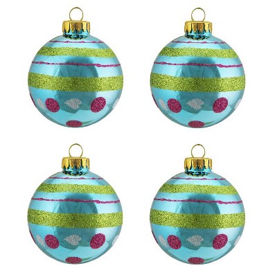 Northlight 4ct Glitter Polka Dot and Striped Glass Ball Christmas Ornament Set 2.5" - Teal Blue