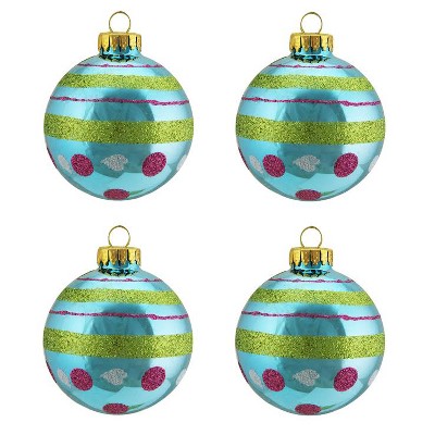 Northlight 4ct Glitter Polka Dot and Striped Glass Ball Christmas Ornament Set 2.5" - Teal Blue