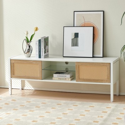 Chic Crate - 54.5" Modern Rattan Media Console - RGB Lighting & Sliding Doors - Adjustable Shelf TV Stand for Living Room - Snow White