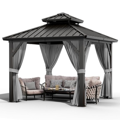 Whizmax Hardtop Gazebo, Double Roof Aluminum Frame with Netting & Curtains, Wood Grain Galvanized Steel for Patio, Garden, Lawn & Outdoor Parties
