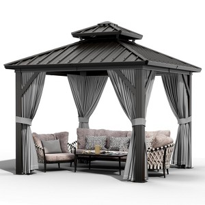 Whizmax Hardtop Gazebo, Double Roof Aluminum Frame with Netting & Curtains, Wood Grain Galvanized Steel for Patio, Garden, Lawn & Outdoor Parties - 1 of 4
