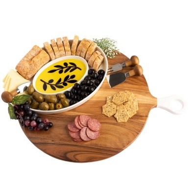Large Round Acacia Wood Charcuterie Board with White Handle