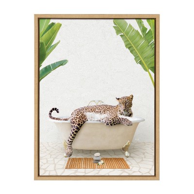 Natural Framed Leopard in Bath Canvas Wall Art, 18x24