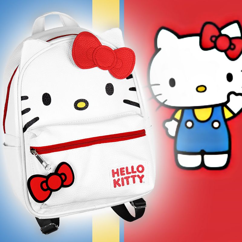 Hello Kitty Signature Bow Face and 3D Ear Design Faux Leather Mini Backpack White, 5 of 6