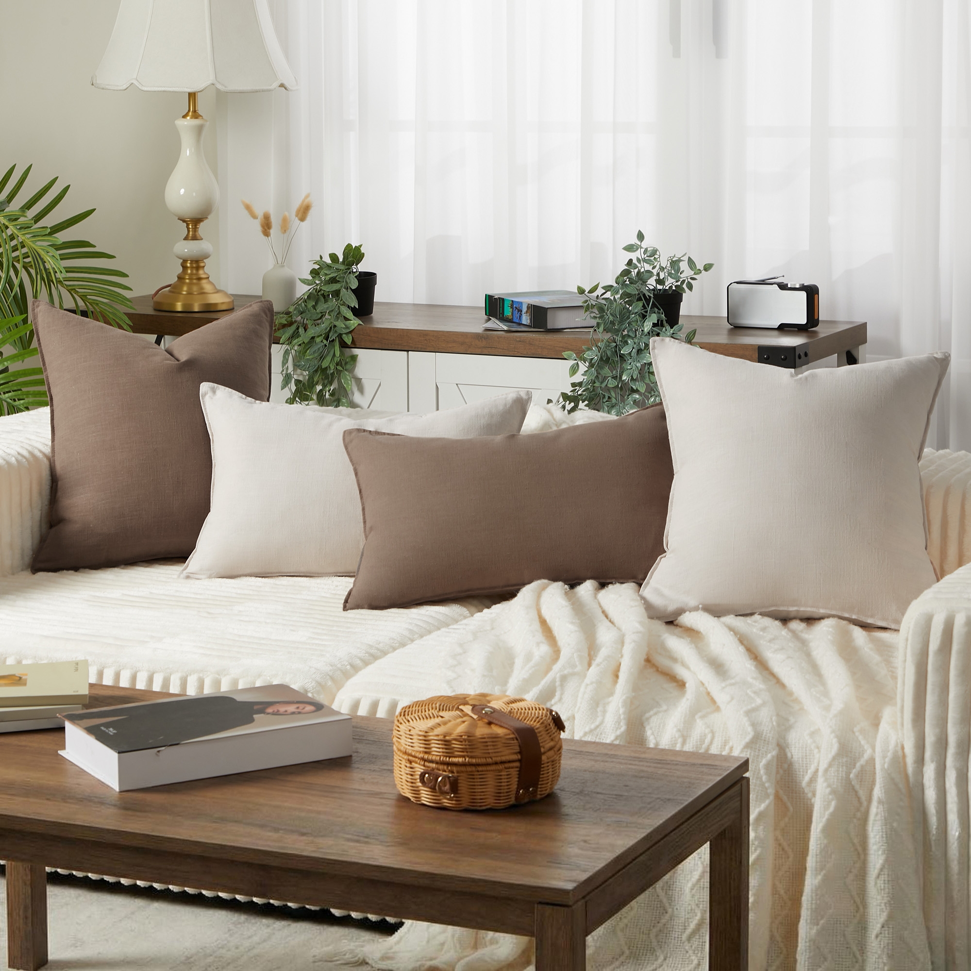 4-Pack Linen Throw Pillow Covers, Square and Lumbar Combination Set, 18x18in/20x12in Natural Farmhouse Boho Decorative Cushion Cases for Couch Sofa