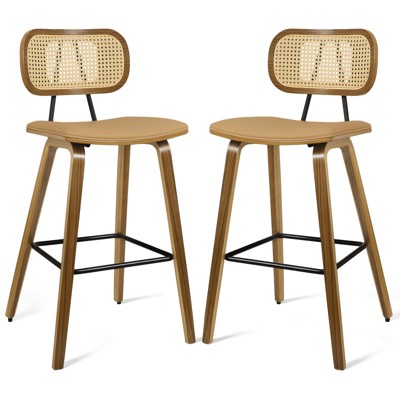 Bekrvio 26" Mid Century Modern Counter Height Bar Stools - Rattan Cane Back, Wood, PU Leather Upholstered for Kitchen Island Dining