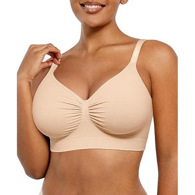 SHAPELLX Wireless Comfy Bra for Women Seamless Bra Non Padded Soft Bralette V Neck Everyday Bras with 4 Rows of Hooks—Beige XL