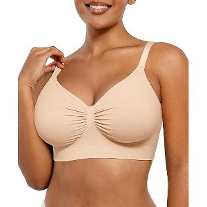 SHAPELLX Wireless Comfy Bra for Women Seamless Bra Non Padded Soft Bralette V Neck Everyday Bras with 4 Rows of Hooks—Beige XL - 1 of 3