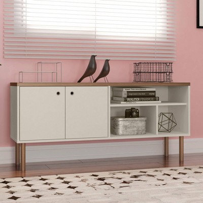 Scandinavian-Modern Off White and Natural Wood TV Stand with Storage