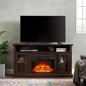 58.25" Espresso Modern TV Media Stand with 23" Fireplace Insert, Open and Closed Storage for TVs up to 65" Entertainment Console - 1 of 4