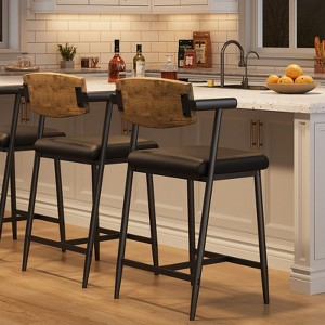 Bar Stools Set of 2 with Armrests, Metal Counter Height Bar Stools Set with Upholstered Seat, Footrest & Wood Back - 1 of 4