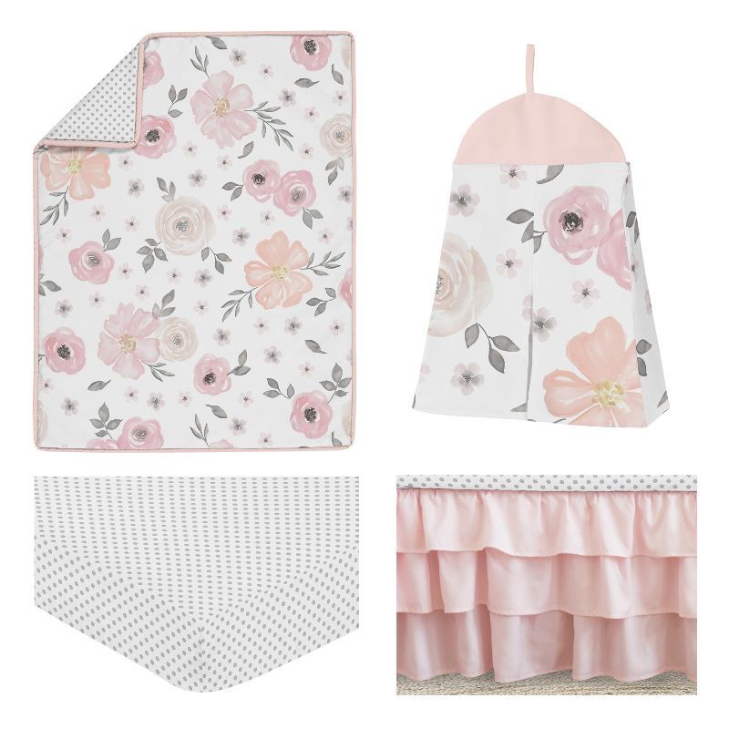 Sweet Jojo Designs Girl Baby Crib Bedding Set - Watercolor Floral Pink Grey White 4pc, 3 of 8