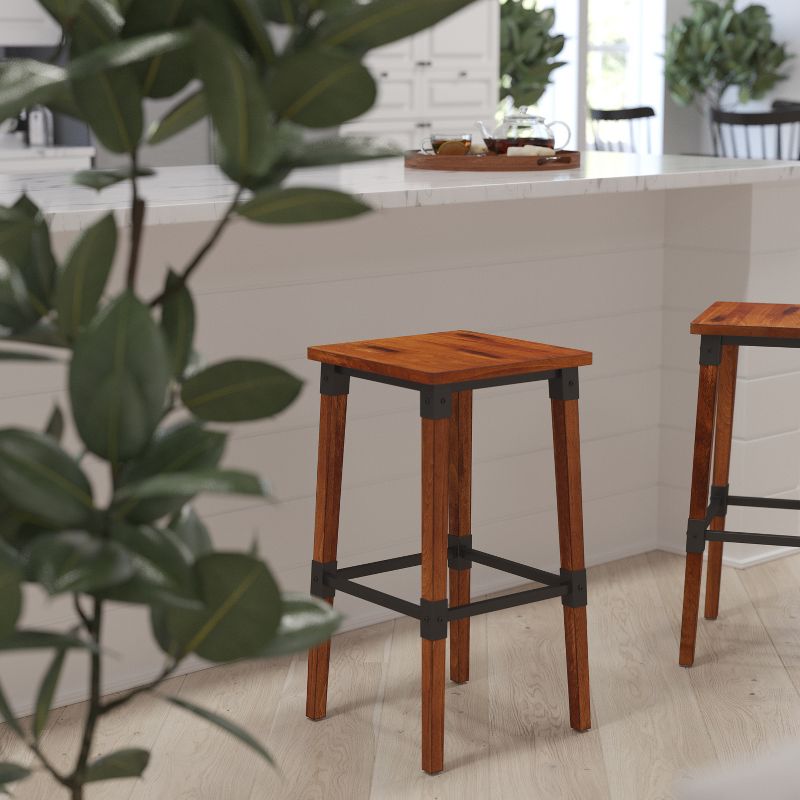 Merrick Lane Backless Bar Height Stools with Steel Supports and Footrest in Walnut Brown - Set Of 2, 6 of 14