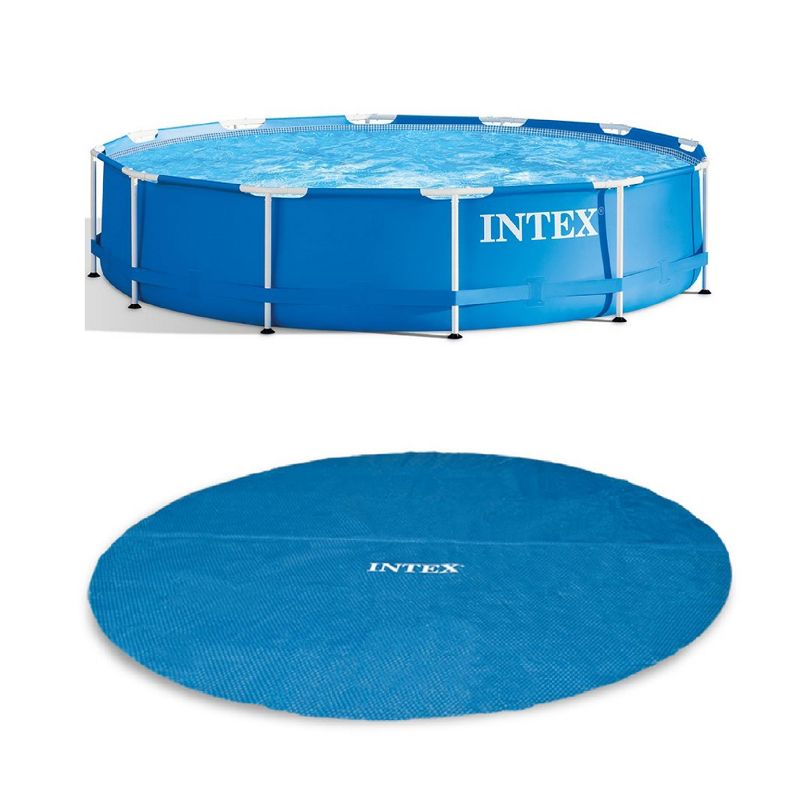 Intex 12 Foot x 30 In. Easy Set and Metal Frame Pool w/ Solar Cover Tarp, Blue, 1 of 8