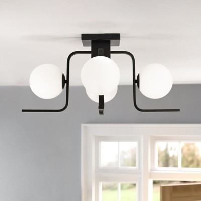 PAKOKULA 4-Light Matte Black Industrial Semi-Flush Mount Ceiling Light with White Globe Glass