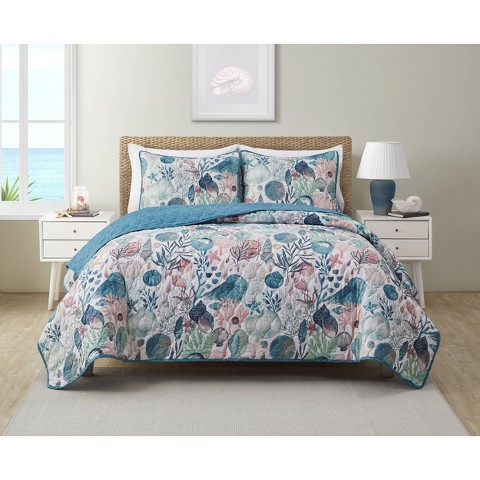 VCNY King Ivory Coast Disperse Print 3pc Reversible Quilt Set Blue/Green - VCNY: Coastal Microfiber Bedding Set with Shams