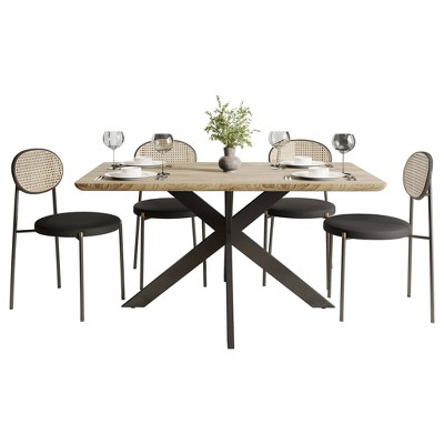 LeisureMod Ravenna 5-Piece Dining Set - 63" Rectangular MDF Top Dining Table in Maple & 4 Velvet Dining Chairs in Black Steel Legs