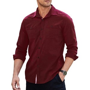 COOFANDY Mens Shirt Slim Fit Dress Solid Button Down Work Business with Pockets, 01-Wine Red, Medium, Long Sleeve - 1 of 4