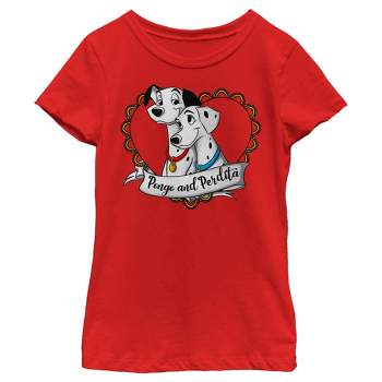 Girl's One Hundred and One Dalmatians Pongo and Perdita Heart Love T-Shirt