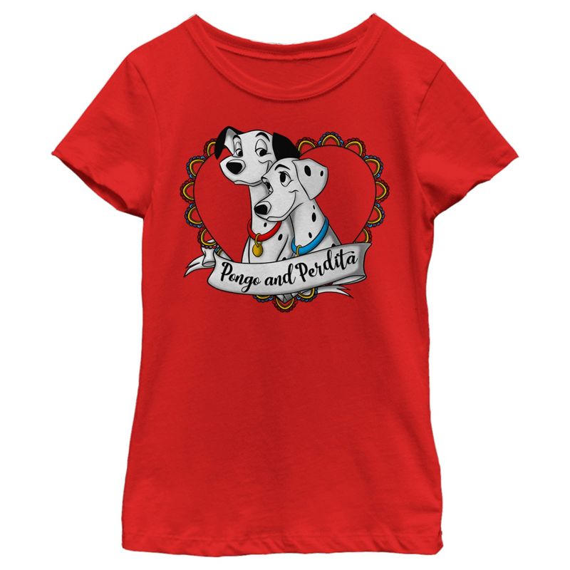 Girl's One Hundred and One Dalmatians Pongo and Perdita Heart Love T-Shirt, 1 of 6