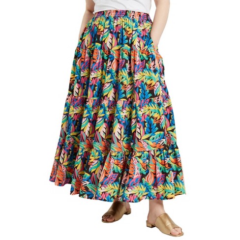 June Vie by Roaman s Women s Plus Size Tiered Midi Skirt 20 W Multi Tropical Leaves