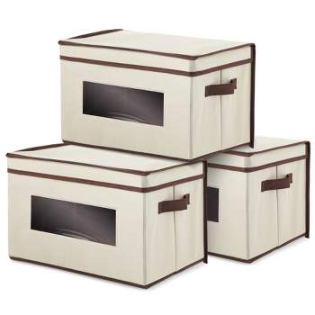 Juvale 3 Pack Collapsible Fabric Storage Bins Cubes, Decorative Foldable Boxes with Window & Lid - Beige, Large, 16.25 x 12 x 10 Inches
